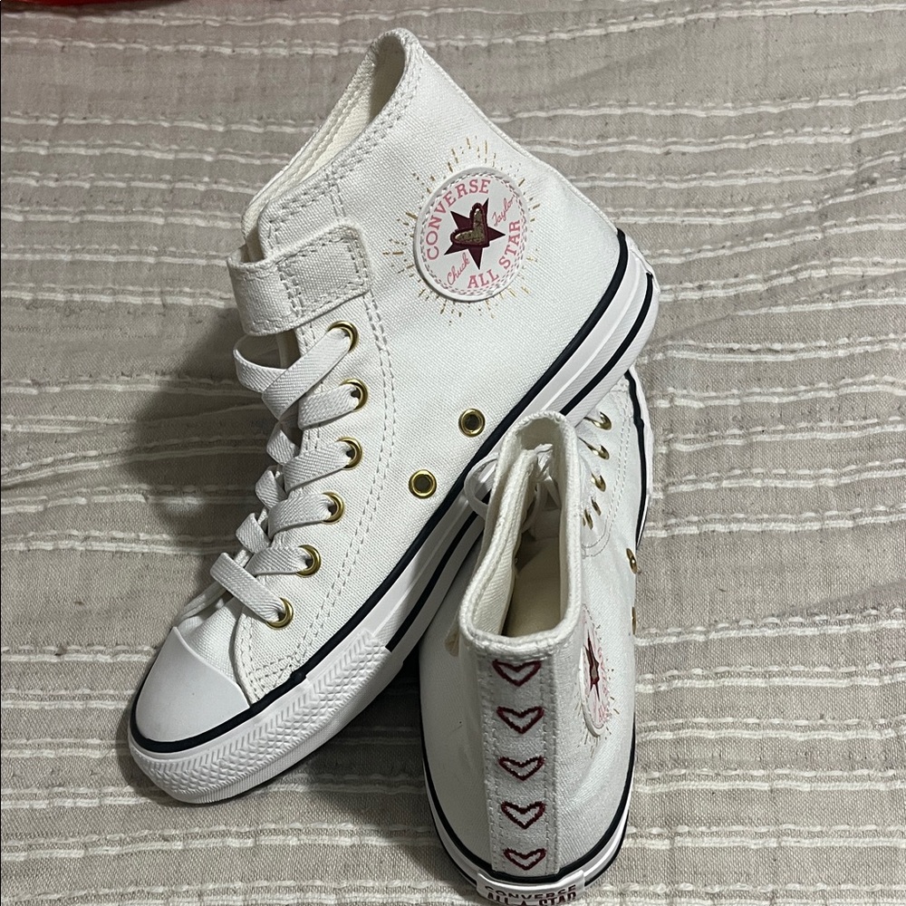 Converse White High-Tops with Gold and Black Accents
